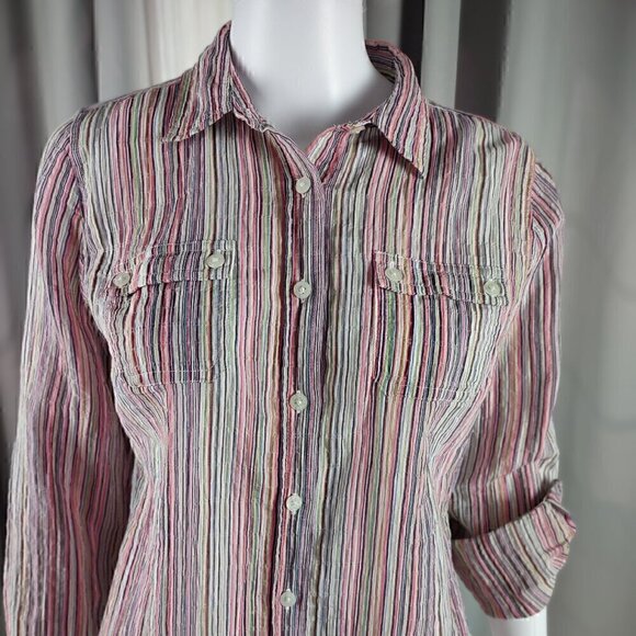Liz Claiborne Womens Multi Color Striped Button Down Cotton Blend Shirt Size PM - Picture 2 of 14
